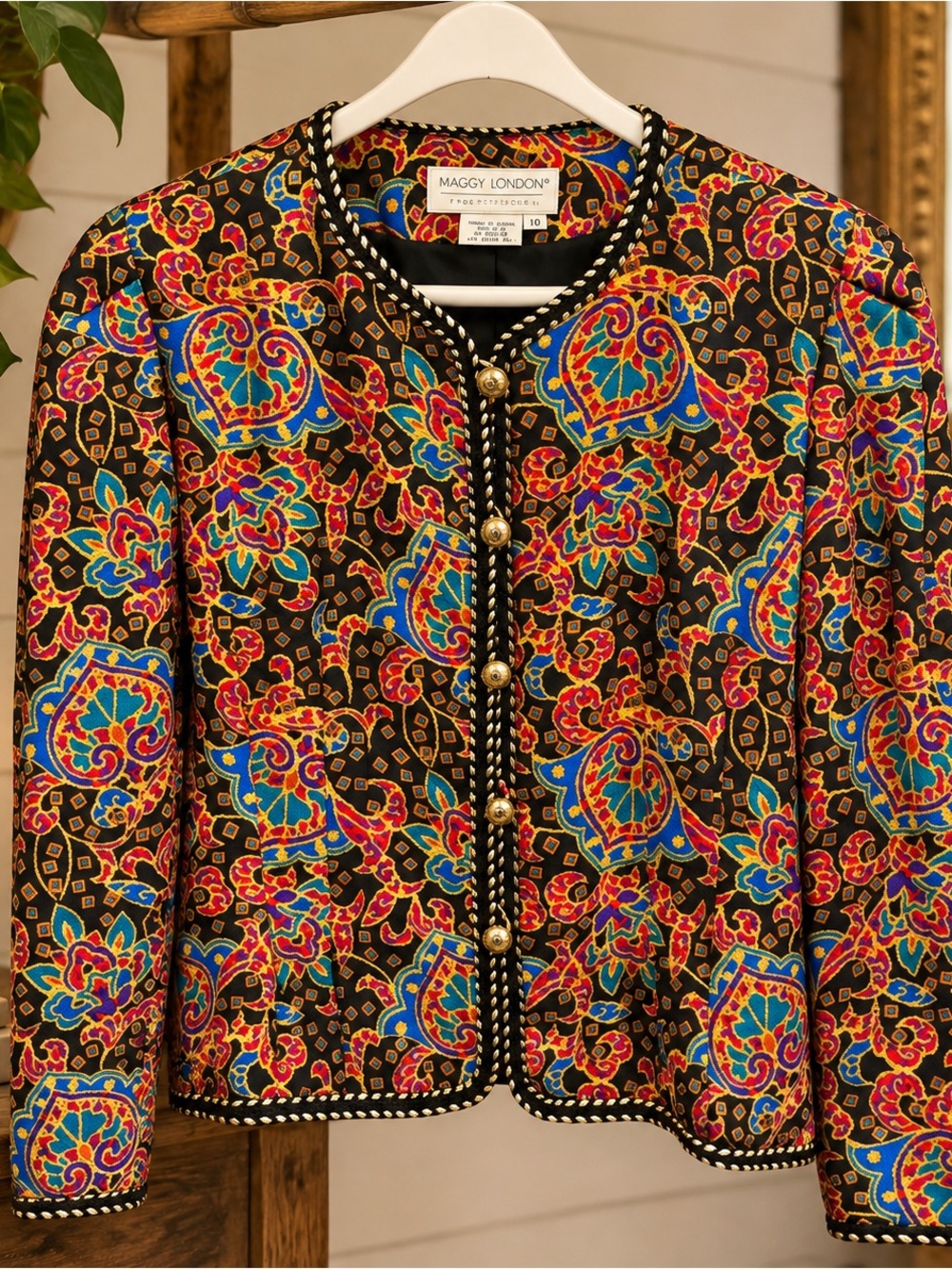 Vintage Maggy London “Paisley” 100% Silk Jacket with Gold Buttons